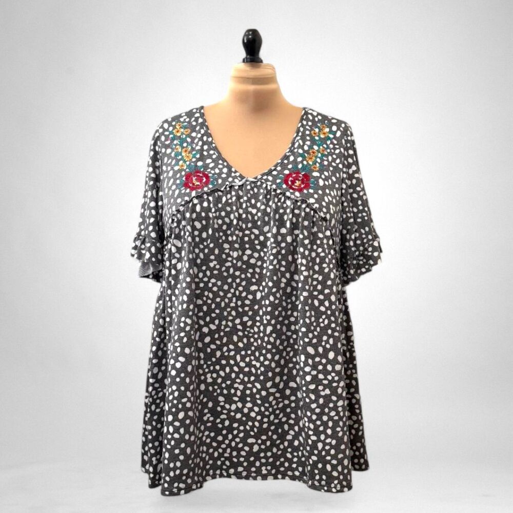 JADE By JANE - Ruffle Sleeve Babydoll Embroidered Top, NWOT! 2X